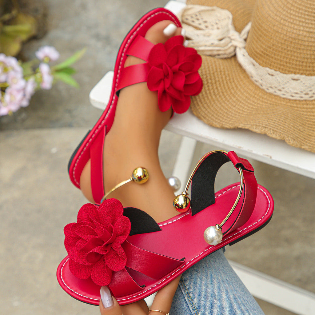 Women's Pearl Strap Flat Sandals - Elegant Open Toe Summer Sandals with Floral Design