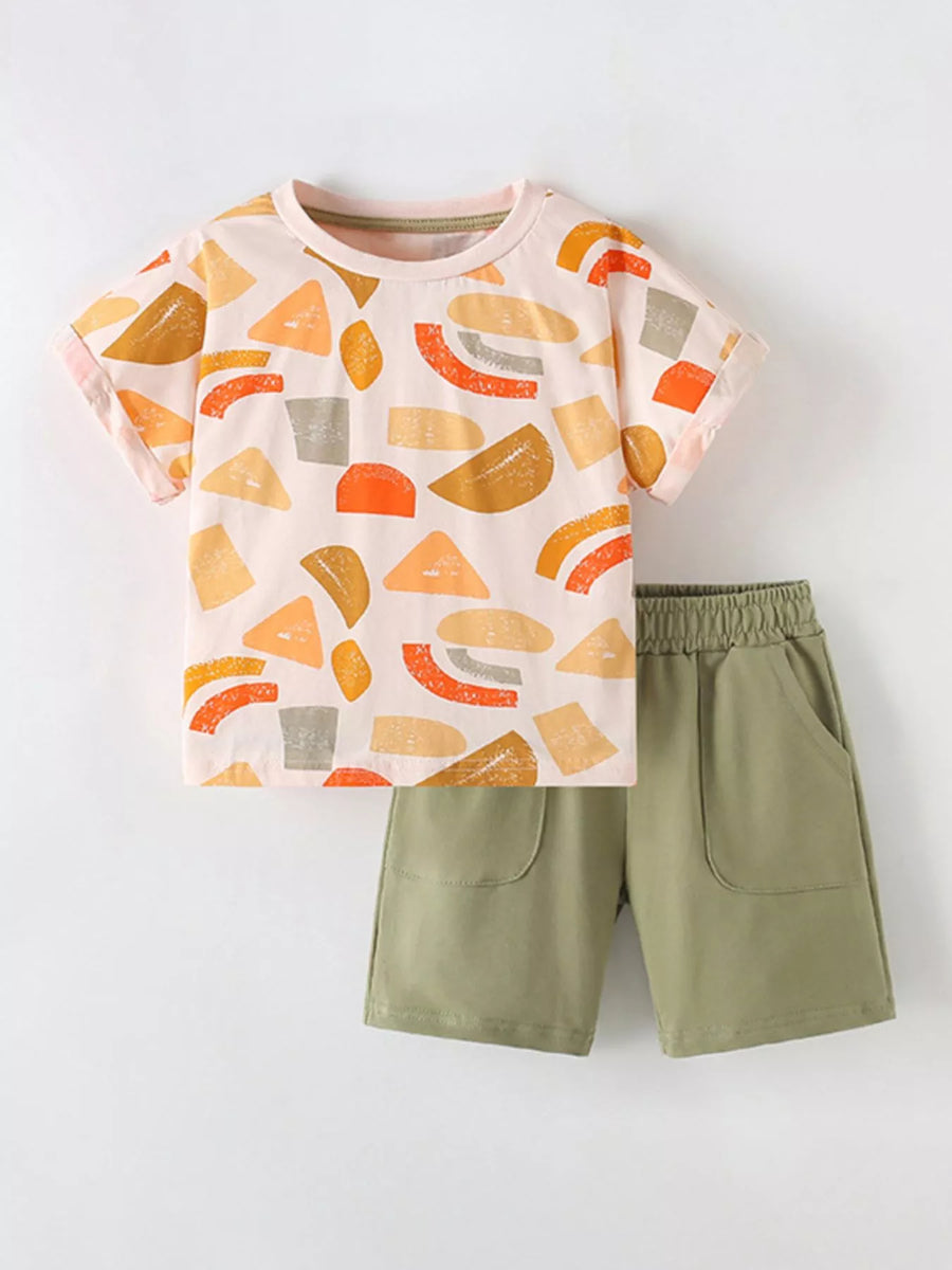 Geometric Print T-Shirt & Shorts Set — Multicolor