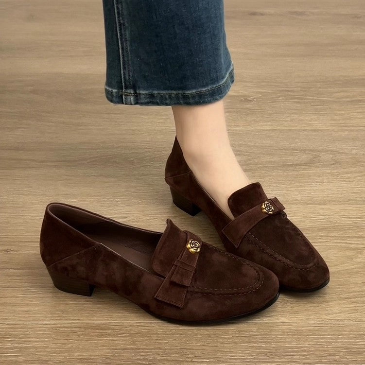 Women's Retro Camellia Sheepskin Loafers | Chunky Low Heel Slip-On Flats