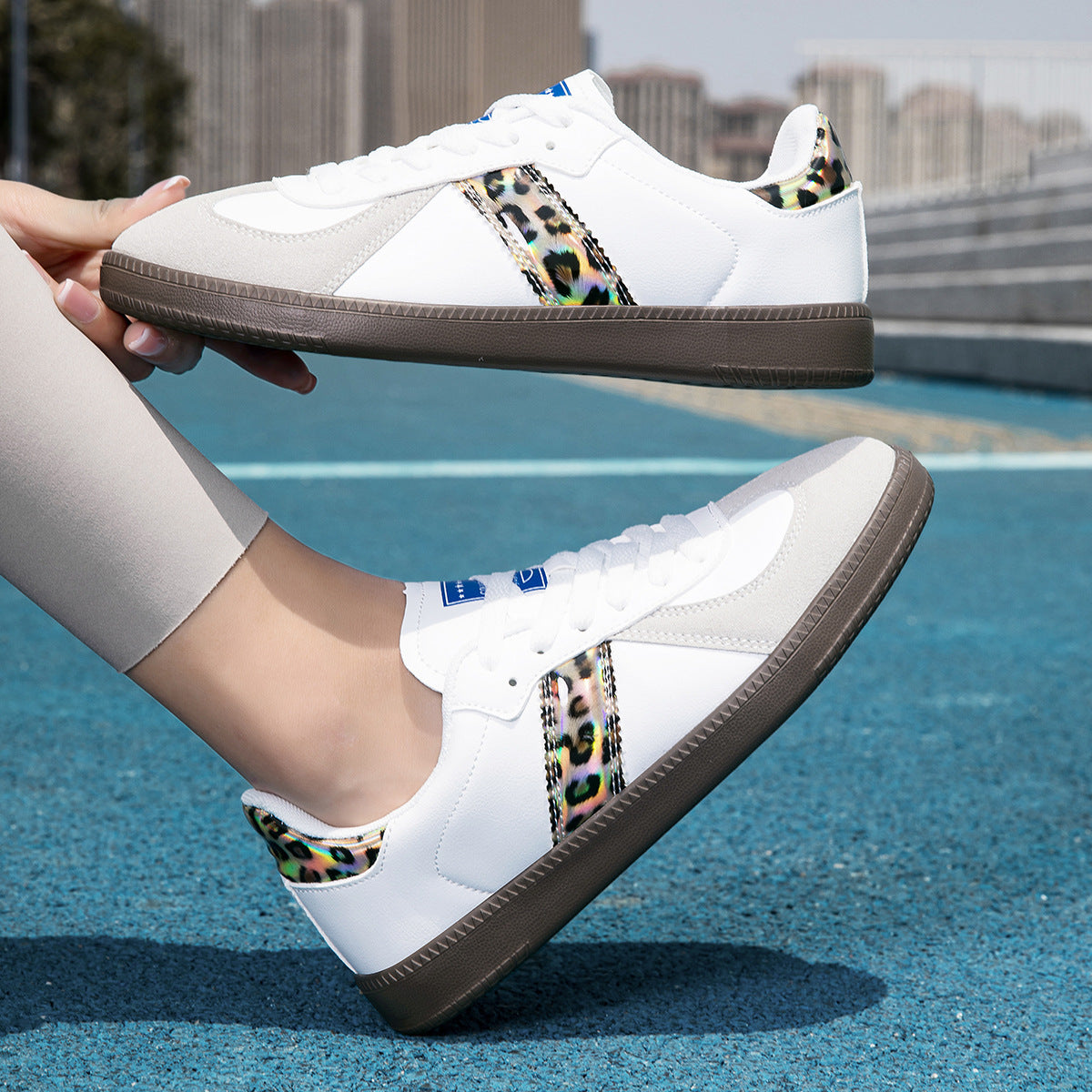 Women's Leopard Print Lace-Up Casual Sneakers | Color-Block Low-Top Flat Shoes