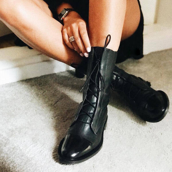 Women's Fleece-Lined Combat Boots - British Style Lace-Up Ankle Boots with Chunky Sole
