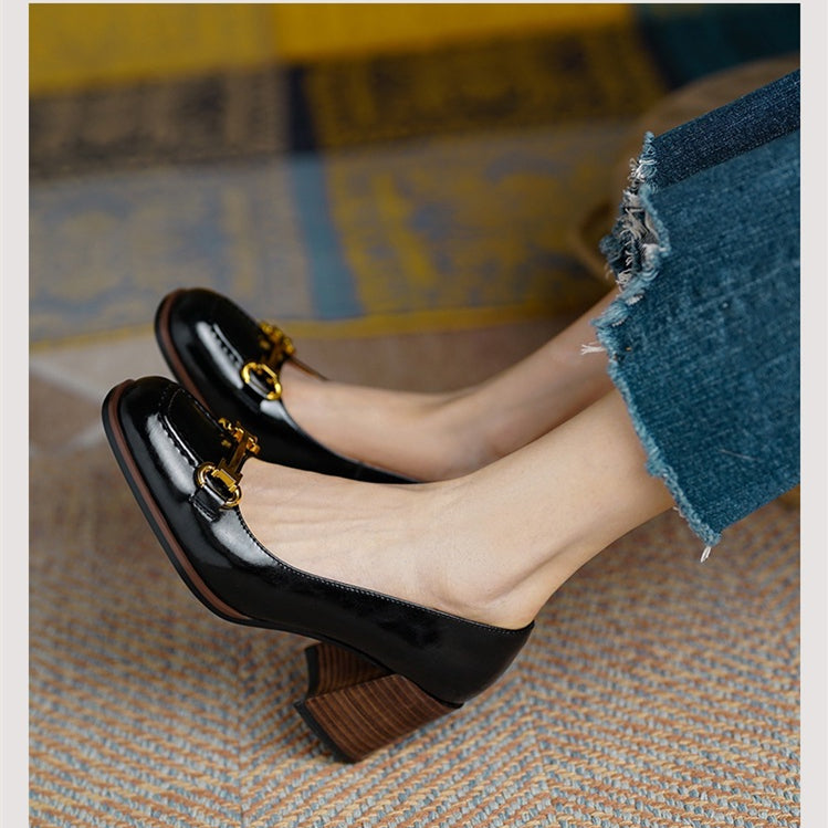 Women's Retro Square Toe Chunky Heel Pumps - French Style Block Heel Shoes