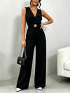Black belted V-neck wide-leg jumpsuit