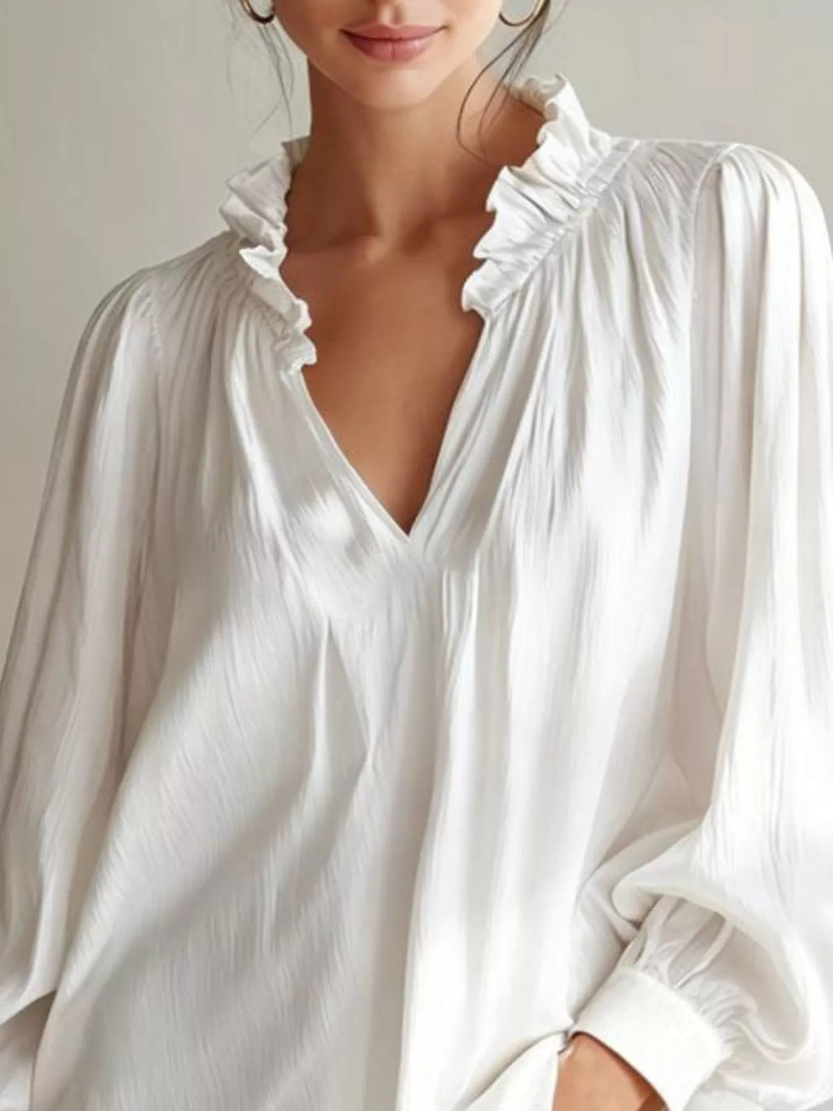 Frill-Trim Notched Long-Sleeve Blouse