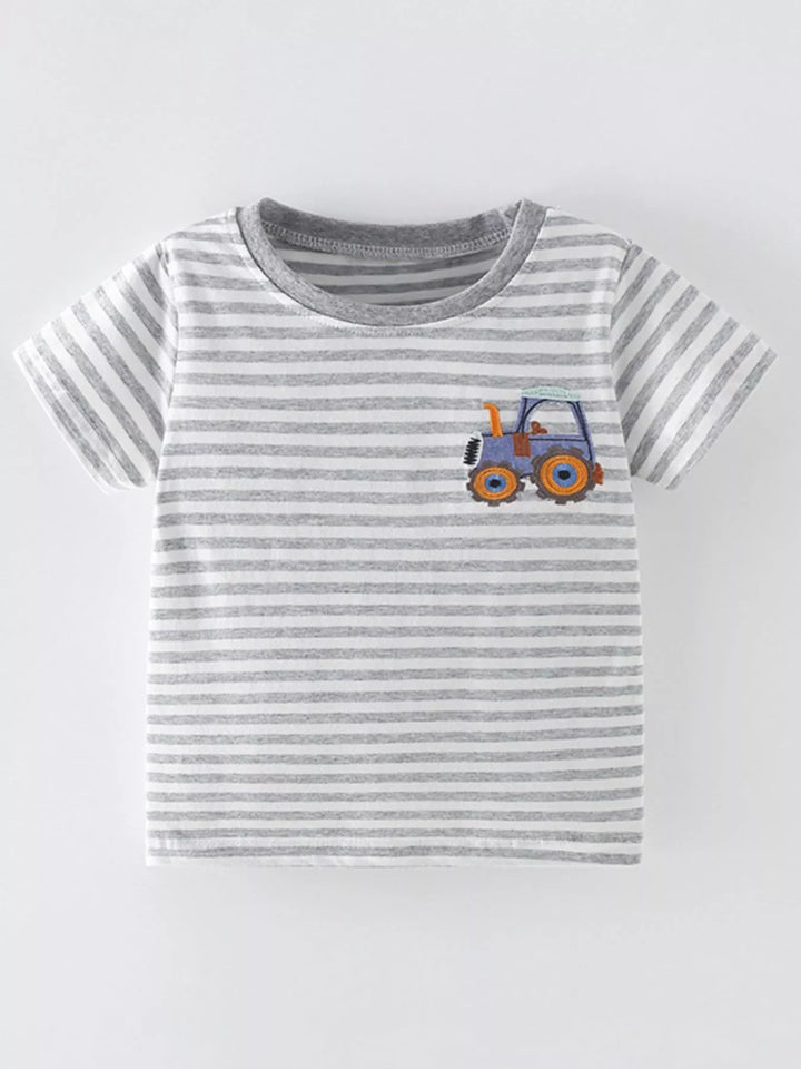 Heather-gray striped kids' tee with a tractor applique.