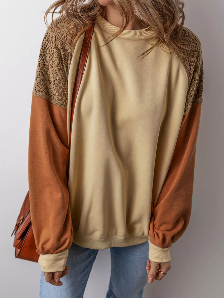 Lace-Patchwork Colorblock Drop-Shoulder Sweatshirt — Tan