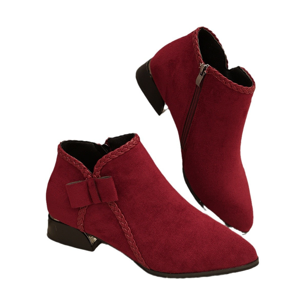 Women's Bow-Tie Pointed-Toe Chunky Heel Ankle Boots - Side Zipper Suede Boots