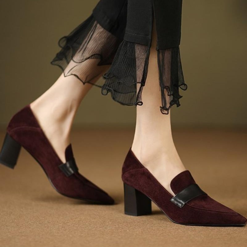 Women's Pointed-Toe Chunky Heel Loafers | Suede Slip-On Work Heels