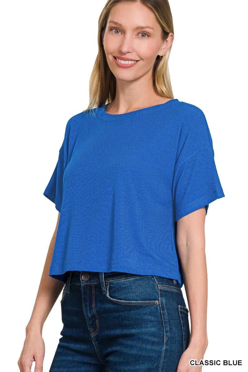 Ribbed Round-Neck Crop T-Shirt — Classic Blue