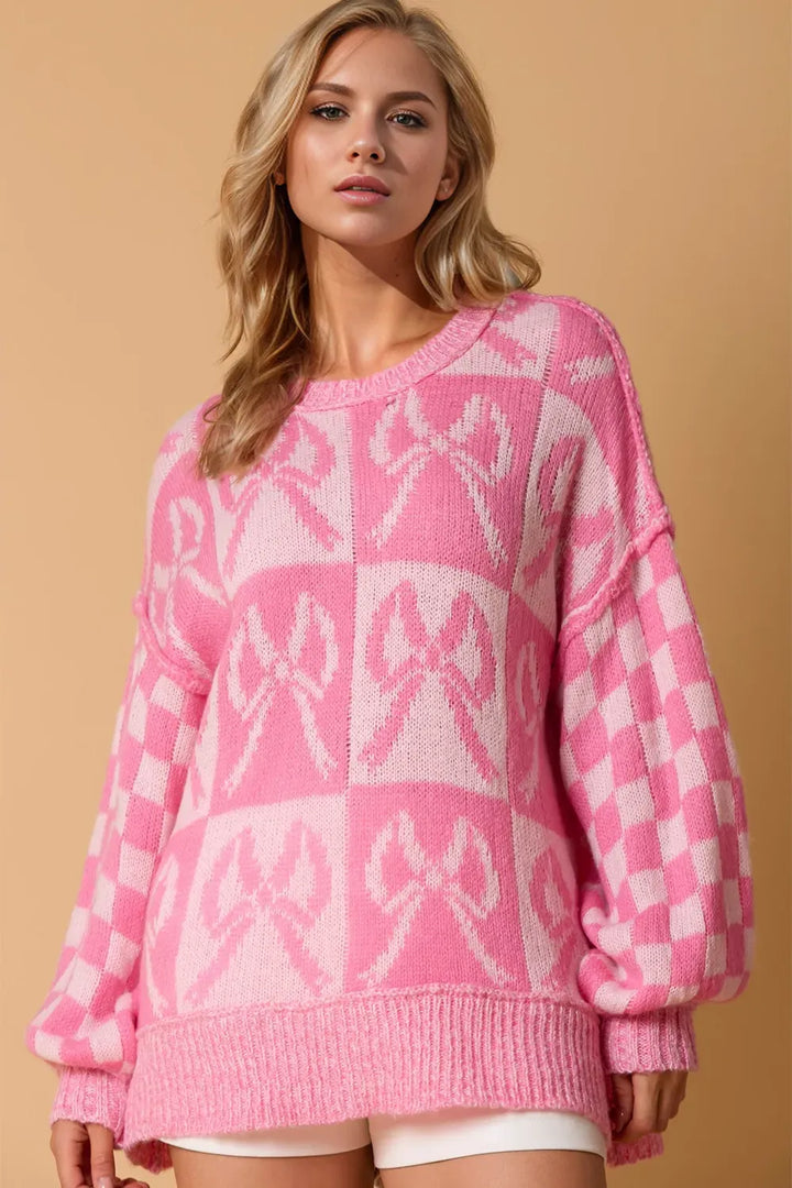 Checkered Bow-Detail Sweater — Full Size