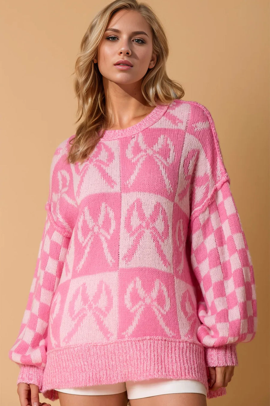 Checkered Bow-Detail Sweater — Full Size