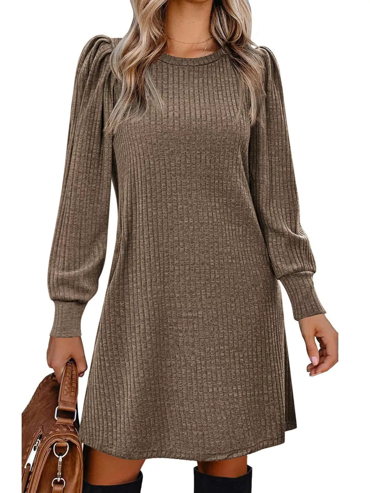 Puff-Sleeve Ribbed Knit Dress with Pockets — photo 17