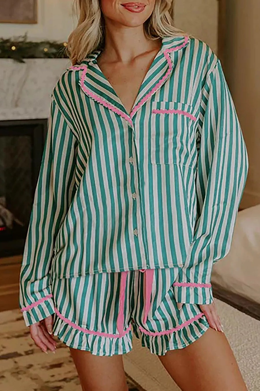 Stripe Contrast Ricrac Trim Long-Sleeve Shirt Drawstring Ruffled Pajama Short Set