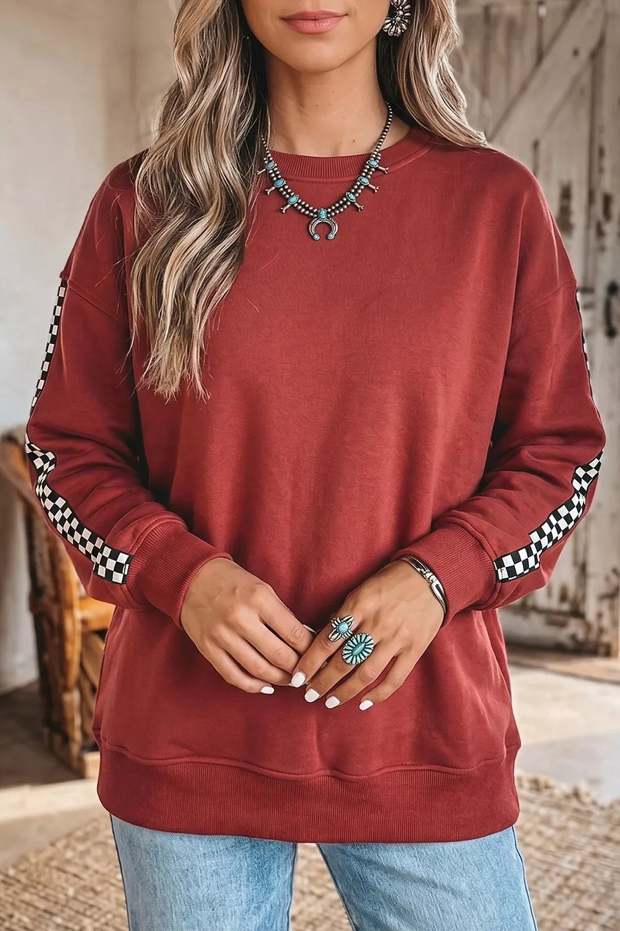 Checkered-Trim Crewneck Sweatshirt — Rust