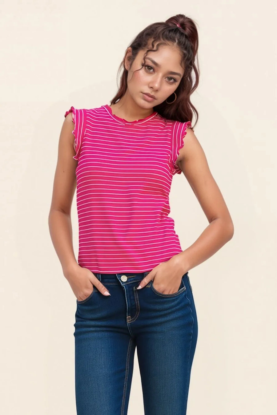 Ribbed Ruffle Trim Sleeveless Stripe Top