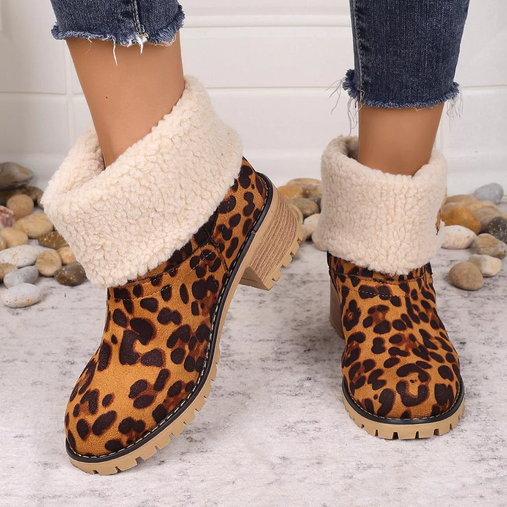 Women's Leopard Print Plush Lined Boots | Mid Heel Slip-On Suede Boots with Warm Faux Fur Lining
