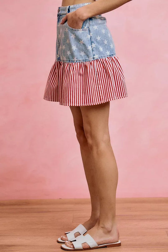 Another view: SO ME Stars And Stripes Fit And Flare Denim Mini Skirt