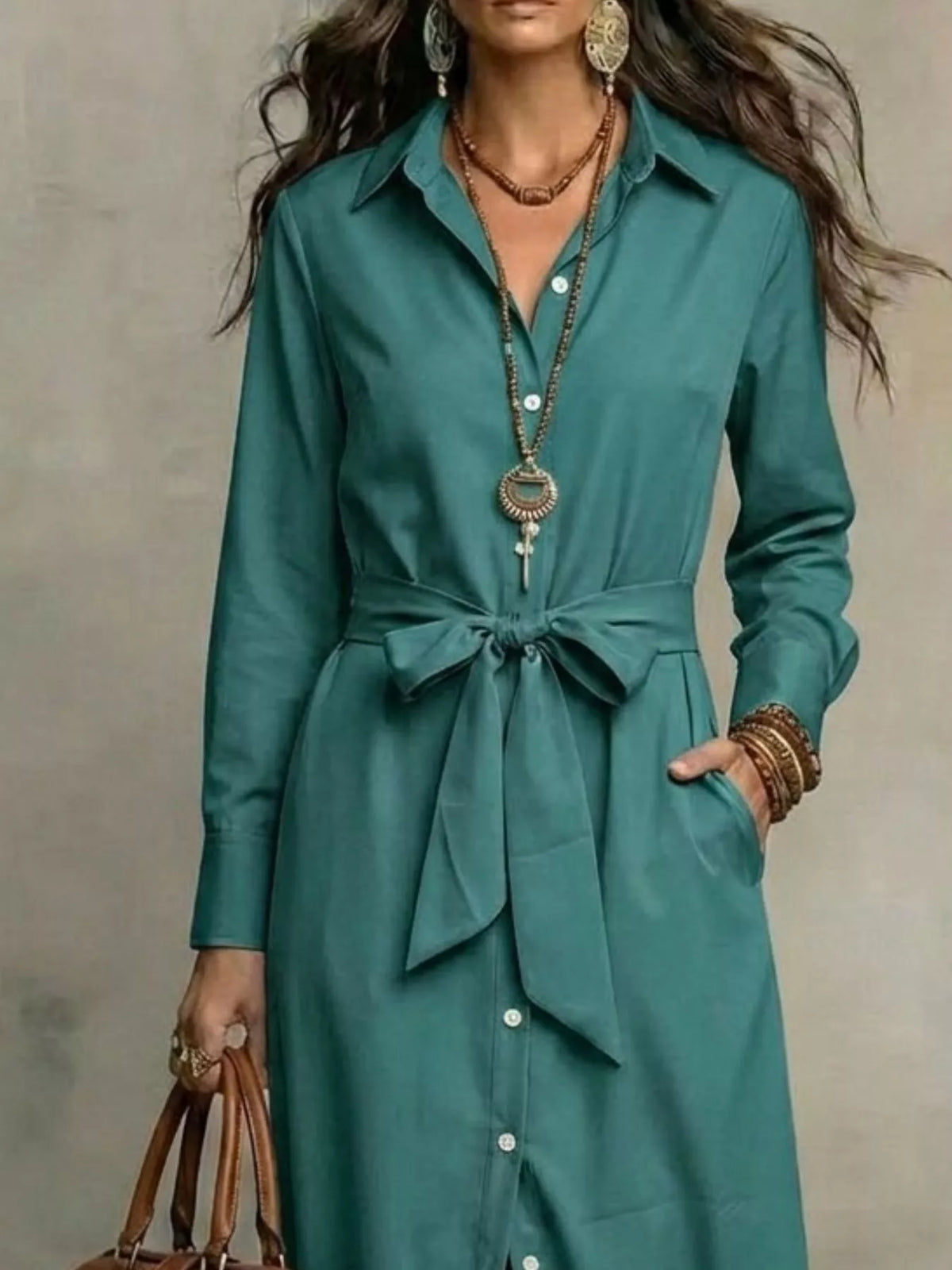 Tie-Waist Long-Sleeve Shirt Dress
