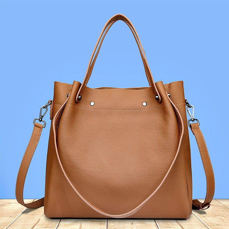 Women's Genuine Leather Bucket Tote Bag – Large Capacity | Black, Gray, Caramel