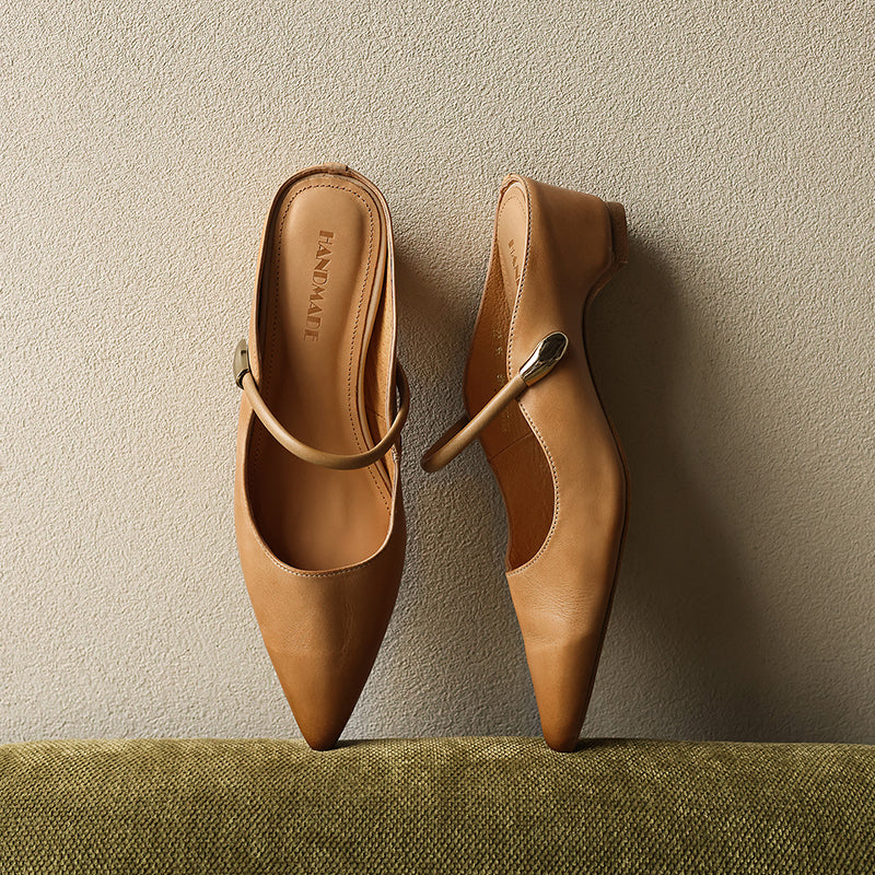 Women's Mary Jane Mule Sandals | Full Grain Cowhide Pointed Toe Block Heel Slides