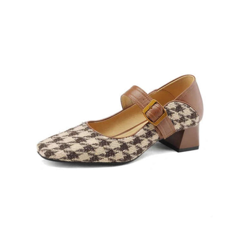 Retro Mary Jane Buckle Slip-On Heels for Women | 6cm Block Heel | Off-White & Black