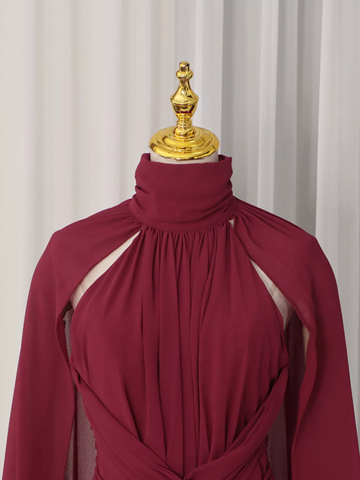 Red Ruched Halter-Neck Cape Maxi Dress