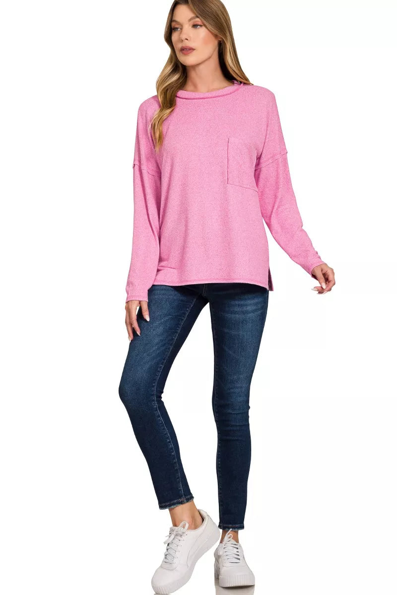 Soft Melange Hacci Round-Neck Long Sleeve T-Shirt — CANDY PINK