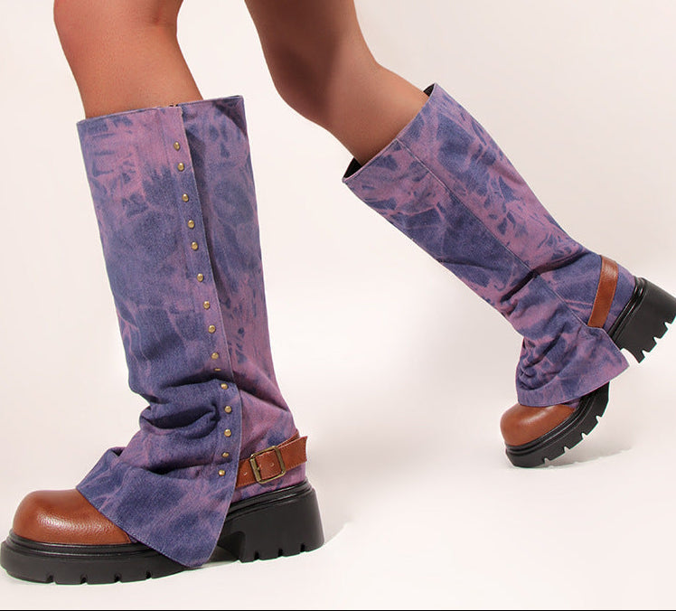Women's Round Toe Studded Chunky Platform Boots | Low-Top Slip-On | Dark Blue, Purple, Green