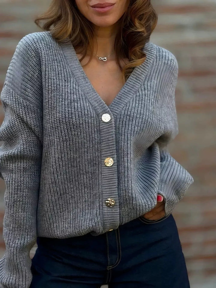 V-Neck Button-Up Knit Cardigan — Full Size