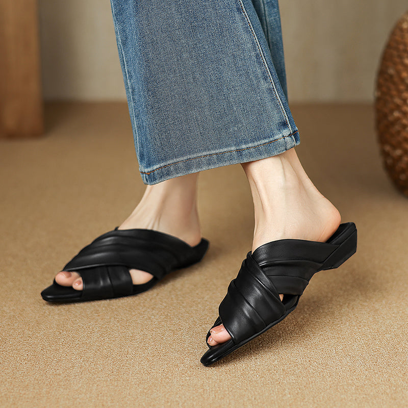 Women's Ruched Lambskin Slide Sandals | Square-Toe Handmade Leather Flat Mules