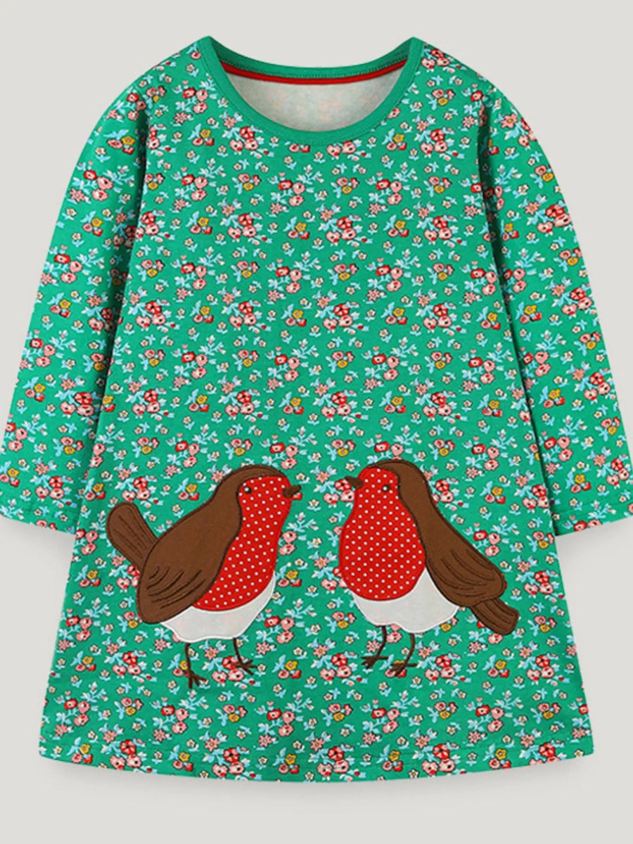 Bird & Floral Cotton Long-Sleeve Dress — Green