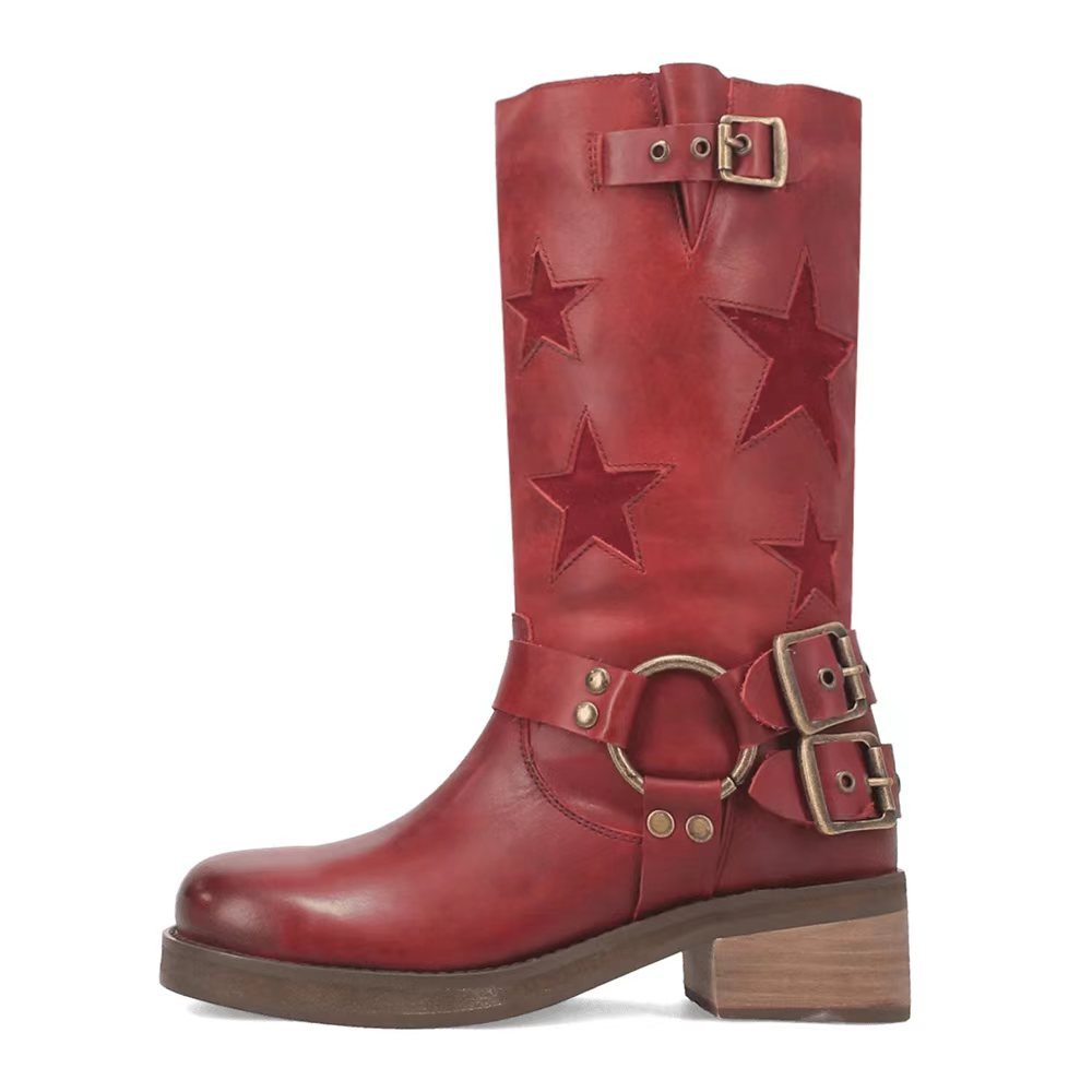 Women's Stitched Belt Buckle Ankle Boots – Chunky Low Heel, Round Toe, Slip-On