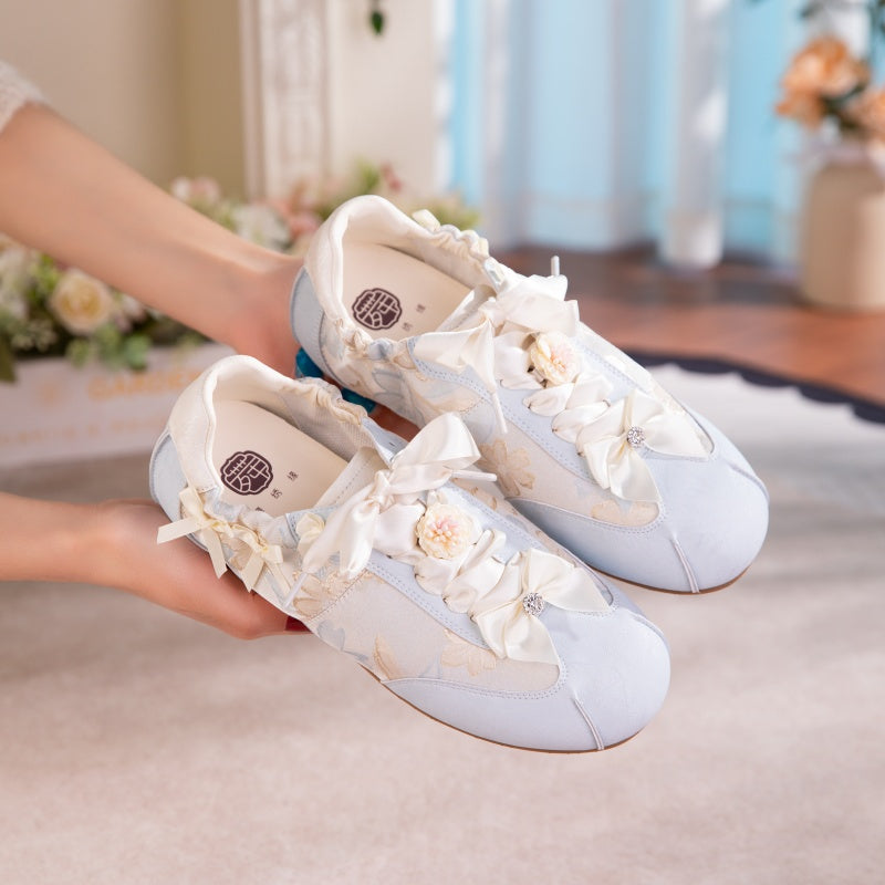 Women's Bow Detail Flat Shoes | Embroidered Fabric Round-Toe Slip-On