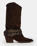 Women's Chunky Heel Ankle Boots – Pointed Toe Slip-On with Buckle Detail | Dark Brown
