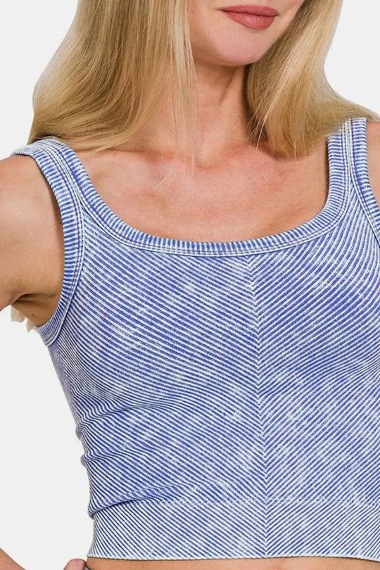 Another view: Washed Ribbed Scoop Neck Wide Strap Tank — Lt Indigo