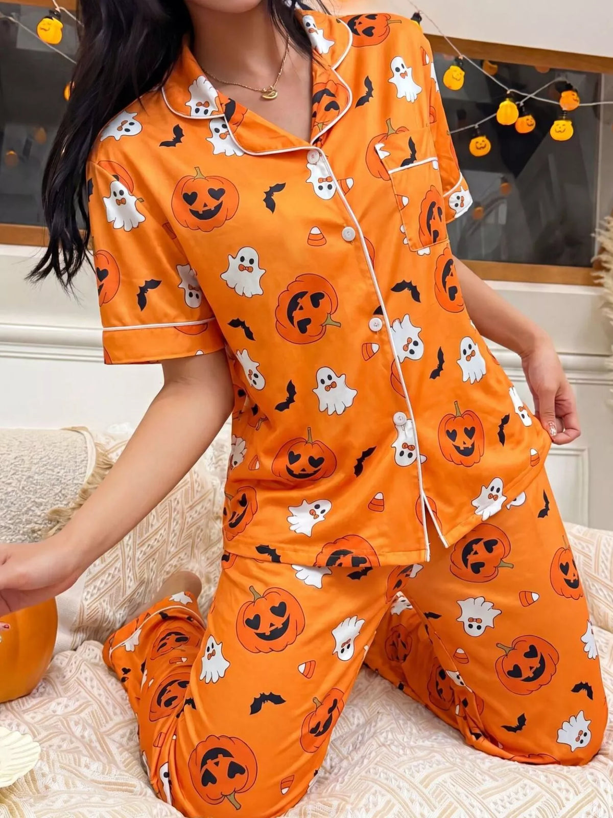 Pumpkin Print Button-Down Lounge Set