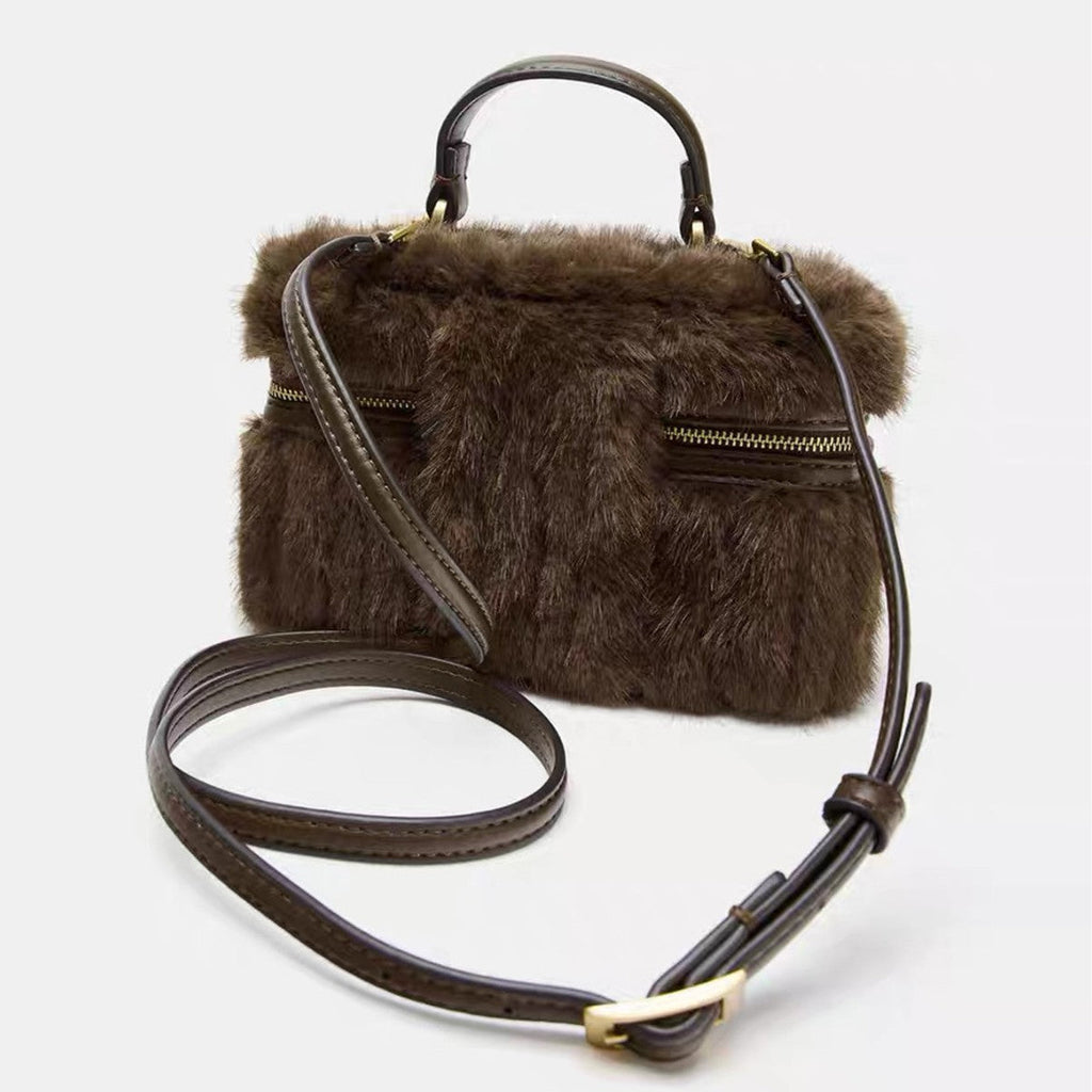 Chic Plush Chain Crossbody Bag – Synthetic Leather Mini Handbag for Women | Coffee Brown