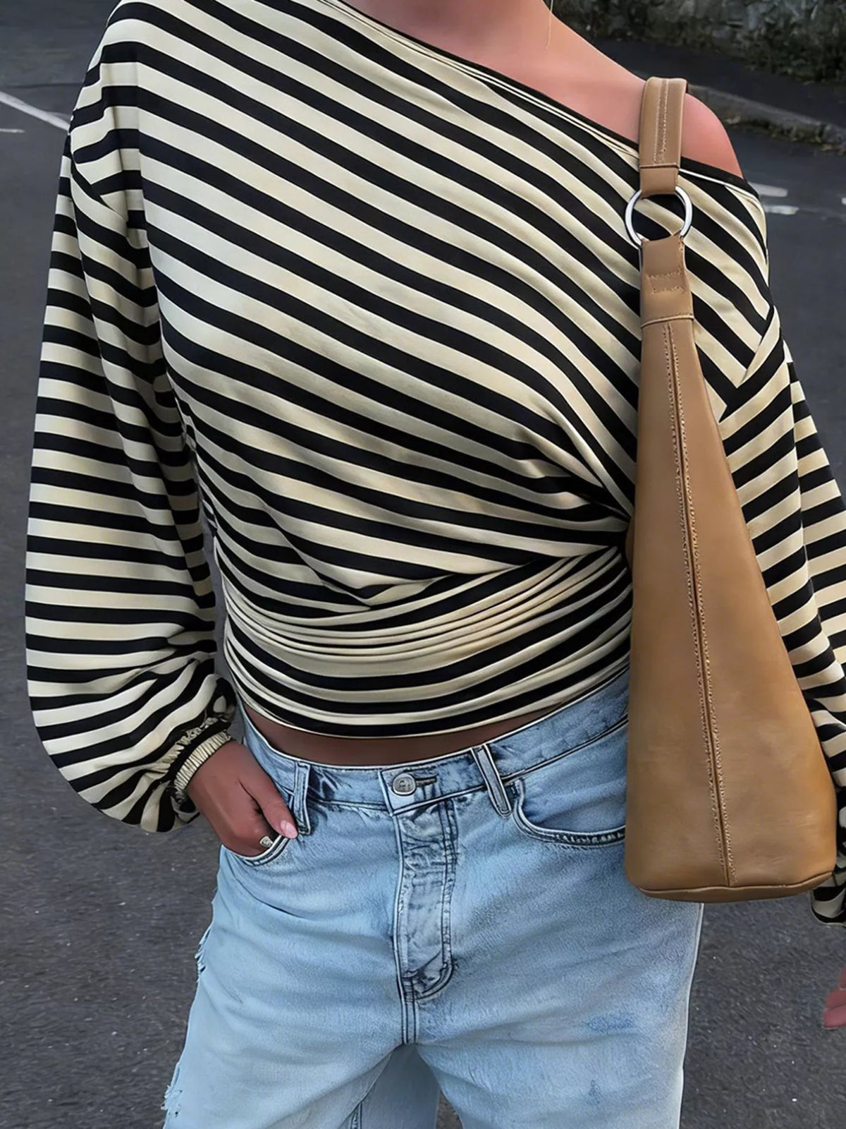 One-Shoulder Striped Long-Sleeve T-Shirt
