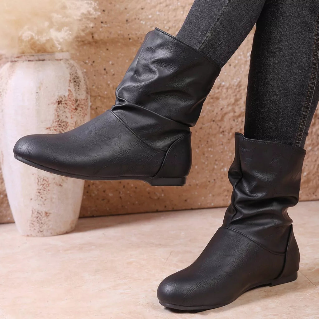 Women's Flat Ankle Boots – Wrinkled PU Leather Side Zipper | Black & Brown