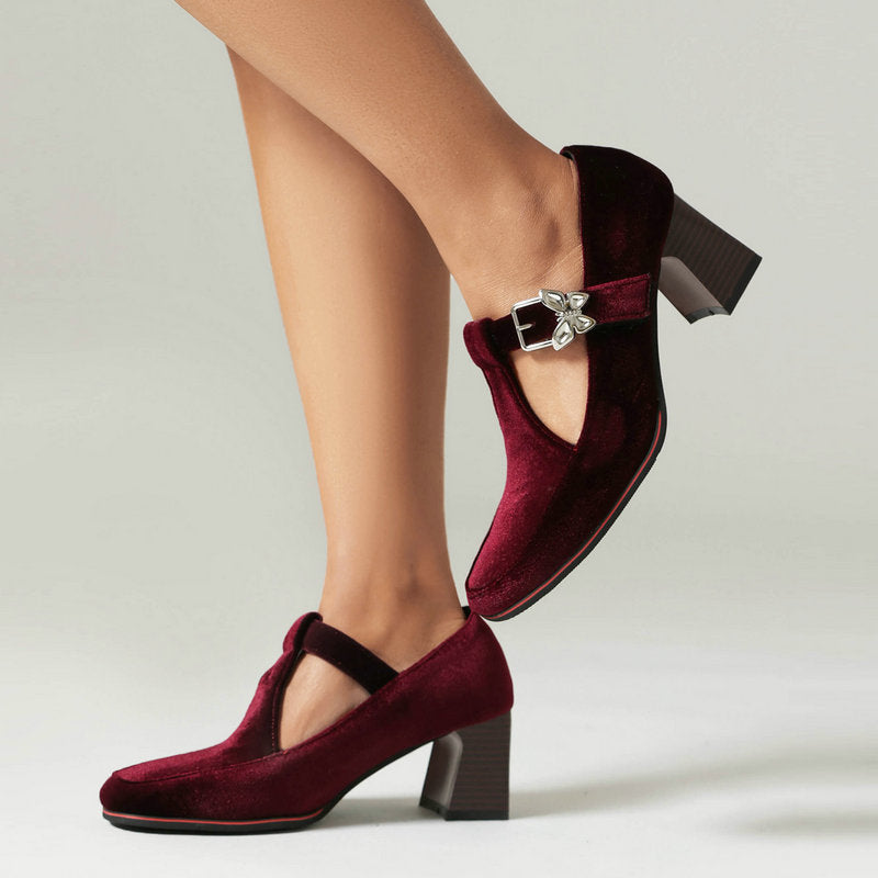 Women's Suede Chunky Heel Pumps – Square Toe Buckle Block Heels | Black, Wine Red, Green