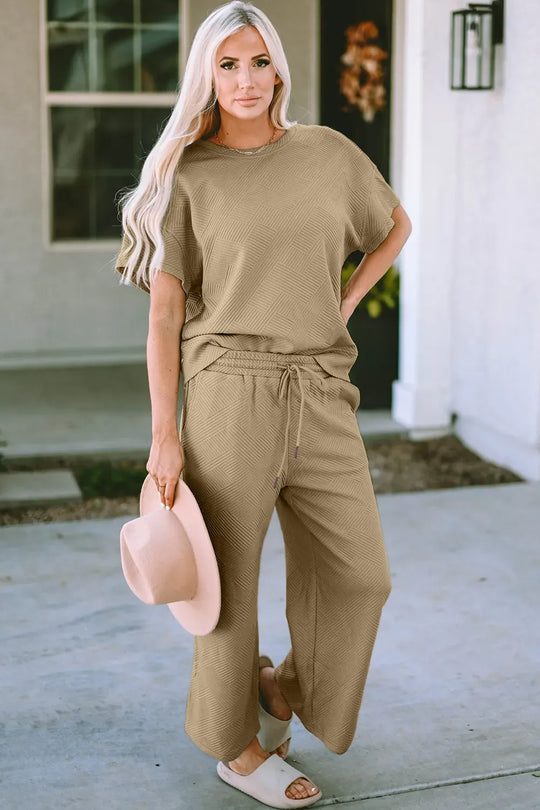 Another view: Textured Short-Sleeve Top & Pants Set — Full Size