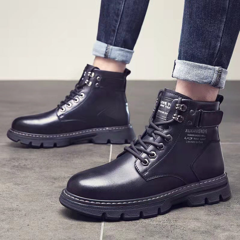 Men's Korean Style Mid-to-High Top Lace-Up Boots | Height Boosting & Warm