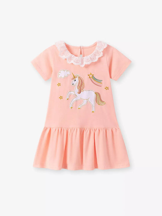 Another view: Unicorn Embroidered Lace-Collar Cotton Dress — Watermelon Pink