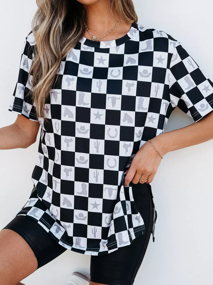 Western Checkerboard Side-Split T-Shirt — Black