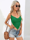 Green cable-knit cowl-neck point-hem tie-back crop top