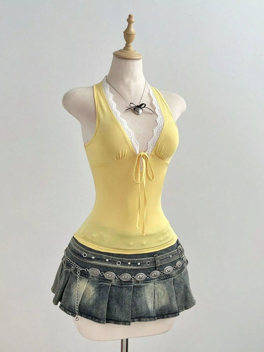 Lace-Detail Halter Cami — Yellow