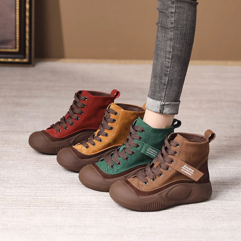 Women's High Top Lace-Up Boots | Thick Sole Height Increasing | Genuine Leather | Coffee Green Red