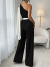 Bow-detail one-shoulder belted wide-leg jumpsuit