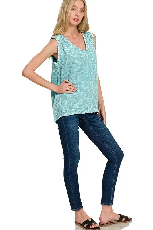 Another view: Double Gauze Raw Edge Acid Washed Tank — Dusty Teal