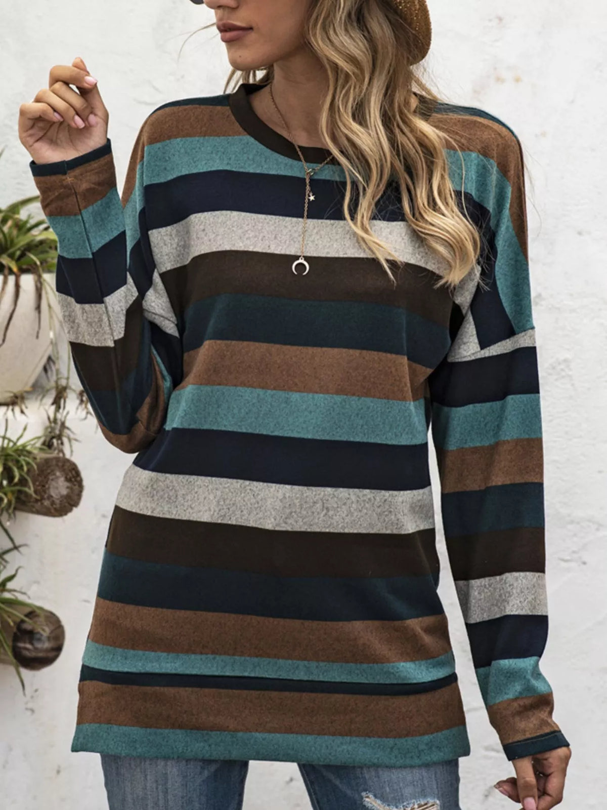 Casual Striped Long-Sleeve Crew Neck Top Plus
